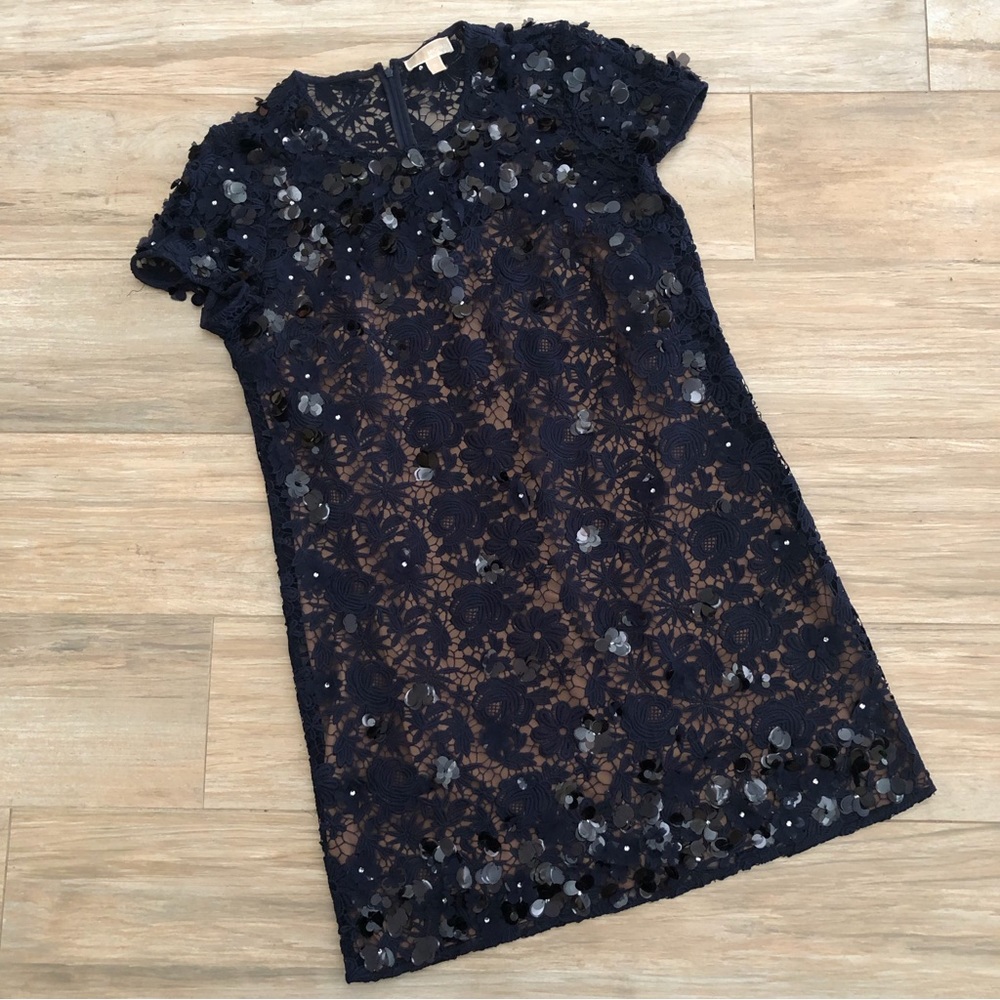 Michael Kors Navy Floral Appliqué Lace Shift Dress Size Extra Large